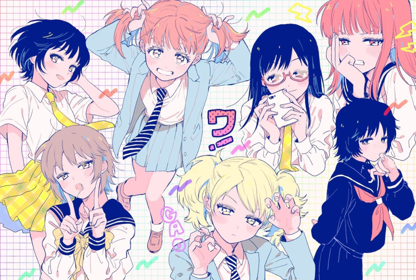 6+girls :d baburo bangs black_hair black_serafuku blonde_hair blue_jacket blue_sky bow bowtie brown_eyes bunching_hair candy cellphone claw_pose clenched_teeth closed_mouth collared_shirt dress_shirt floating_hair food food_in_mouth freckles frown glasses grin hatohara_mirai head_tilt holding holding_phone index_finger_raised jacket knees_together_feet_apart kuroe_futaba leaning_forward lollipop long_hair long_sleeves looking_at_viewer mikami_kaho miniskirt multiple_girls neckerchief necktie nire_hikari open_mouth osano_rui phone pink_hair pleated_skirt red-framed_eyewear red_neckwear school_uniform semi-rimless_eyewear serafuku shirt short_hair skirt sky smile standing standing_on_one_leg striped striped_neckwear taketomi_sakurako teeth twintails under-rim_eyewear usami_shiori white_shirt world_trigger yellow_bow yellow_eyes yellow_neckwear yellow_skirt