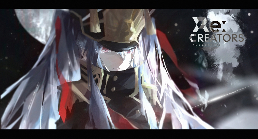 1girl altair_(re:creators) bangs black_border border cell_(acorecell) closed_mouth copyright_name hair_between_eyes hat high_collar highres long_hair military military_uniform re:creators red_eyes red_ribbon ribbon shako_cap silver_hair two_side_up uniform