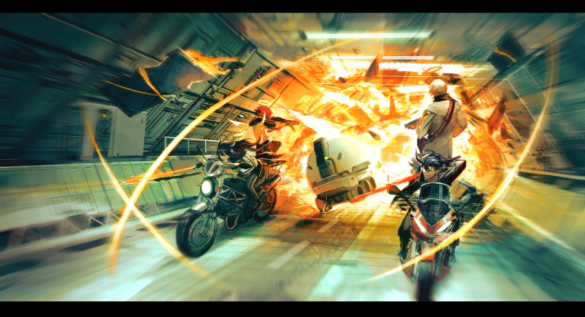 1other 2boys 2girls absurdres animal_ears arknights assault_rifle beam_saber demon_horns driving energy_wings executor_(arknights) explosion exusiai_(arknights) flamebringer_(arknights) flaming_sword flaming_weapon ground_vehicle gun halo highres horns kupikuuu lancet-2_(arknights) motor_vehicle motorcycle multiple_boys multiple_girls rifle robot shotgun texas_(arknights) tunnel weapon wolf_ears