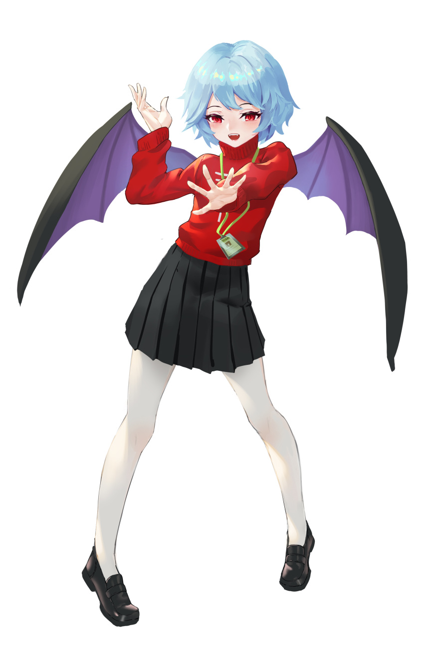 122_(misun) 1girl :d absurdres alternate_costume bat_wings black_footwear black_skirt blue_hair blush commentary fangs full_body gesture hand_up highres legs_apart long_sleeves looking_at_viewer open_mouth outstretched_arm pantyhose pleated_skirt red_eyes red_shirt remilia_scarlet shirt shoes short_hair simple_background skirt smile solo spread_fingers standing touhou turtleneck white_background white_legwear wings