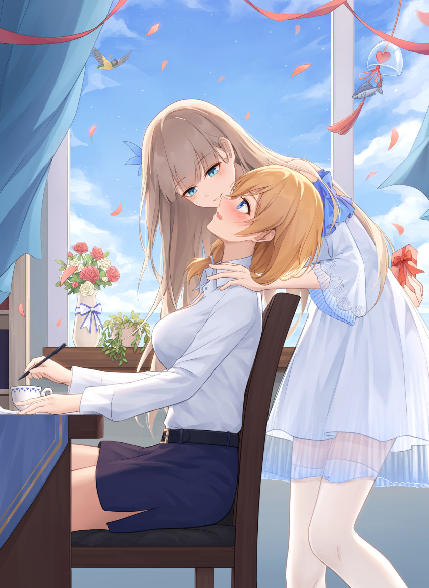 2girls absurdres ain_(3990473) aqua_eyes arm_behind_back bangs belt belt_buckle bird blonde_hair blue_dress blue_eyes blue_shirt blue_skirt blue_sky blush breasts brown_hair buckle collared_shirt commentary_request cup day dress eye_contact eyebrows_visible_through_hair feet_out_of_frame fish flower from_side gift hair_over_shoulder highres holding holding_gift holding_pen indoors lexington_(warship_girls_r) long_hair long_sleeves looking_at_another low_ponytail medium_breasts multiple_girls off-shoulder_dress off_shoulder open_mouth outdoors pen petals profile red_flower red_rose rodney_(warship_girls_r) rose rose_petals shirt sitting skirt sky standing tassel tea teacup vase warship_girls_r white_flower white_rose wind_chime window yuri
