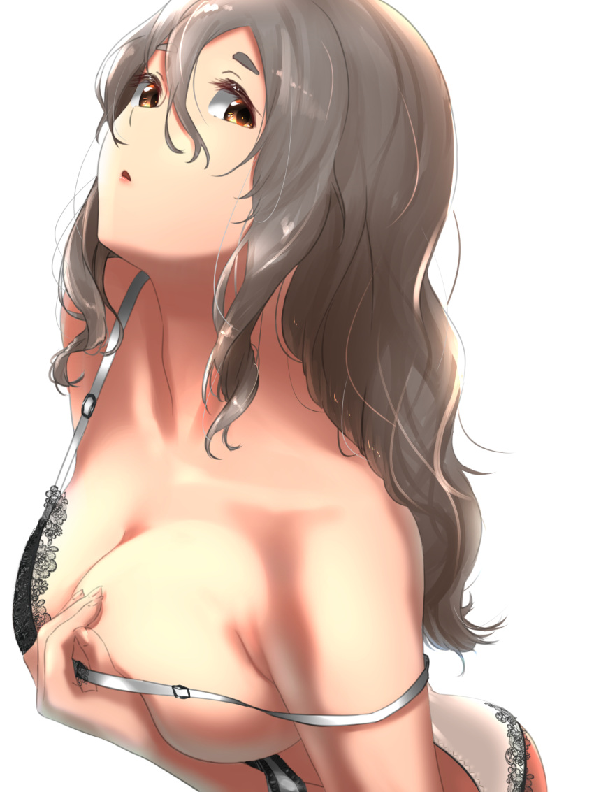 1girl ass blush breasts brown_eyes grey_hair hair_between_eyes highres kantai_collection large_breasts lingerie long_hair looking_at_viewer open_mouth pola_(kantai_collection) short_eyebrows simple_background solo tama_(seiga46239239) thick_eyebrows two-tone_bra two-tone_panties underwear wavy_hair white_background