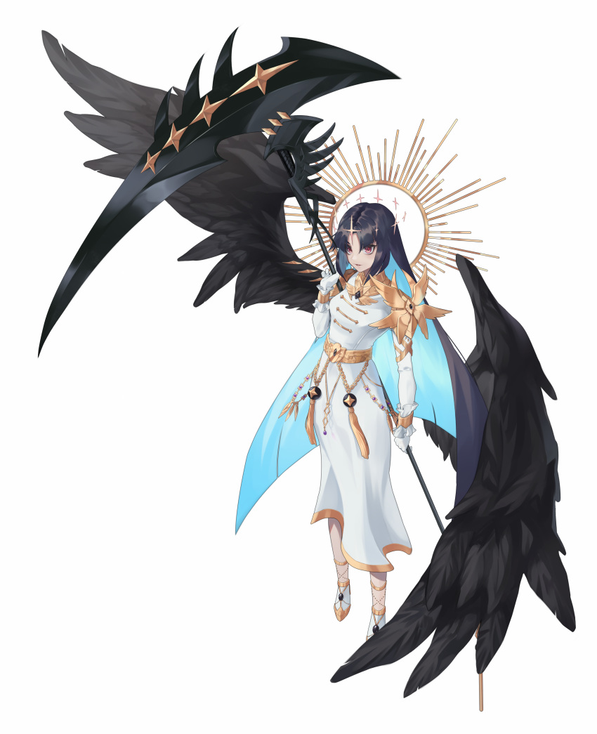 1girl absurdres angel belt black_hair black_wings blue_hair dress feathered_wings feathers floating floating_hair frills full_body gem glint gloves halo highres holding holding_scythe holding_weapon huge_weapon latale light_blue_hair litra_(ltr0312) lower_teeth multicolored multicolored_hair parted_lips scythe simple_background smile solo teeth tongue weapon white_background white_dress white_gloves wings