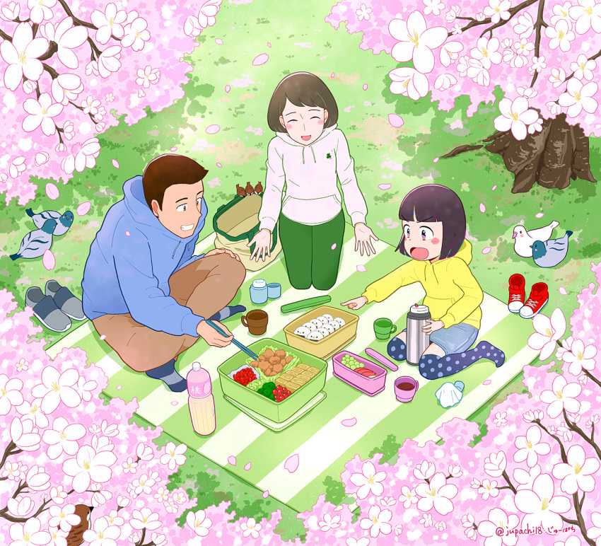 1boy 2girls bird blue_hoodie blush_stickers brown_hair brown_pants cherry_blossoms closed_eyes family flower green_pants hanami highres hood hood_down jupachi18 long_sleeves multiple_girls open_mouth original pants picnic pink_flower shoes short_hair skirt smile socks spring_(season) tree white_hoodie yellow_hoodie