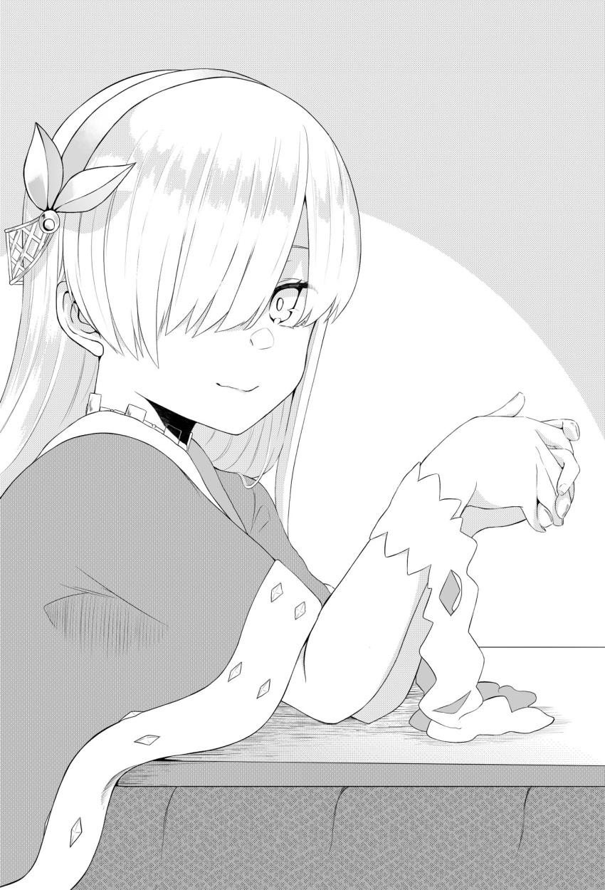 1girl anastasia_(fate/grand_order) cape fate/grand_order fate_(series) greyscale hair_over_one_eye hairband hands_together highres kotatsu long_hair monochrome smile table tanuki_(siutkm0228)