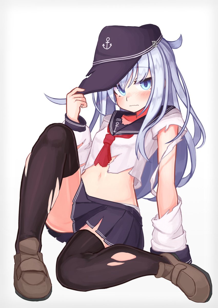 1girl anchor anchor_symbol bangs black_legwear blue_eyes blush breasts brown_footwear closed_mouth eyebrows_visible_through_hair flat_cap full_body grey_background hat hibiki_(kantai_collection) highres kantai_collection long_hair long_sleeves navel red_neckwear reitou_mikan sailor_collar school_uniform serafuku silver_hair simple_background skirt small_breasts solo thigh-highs torn_clothes torn_legwear torn_skirt wavy_mouth