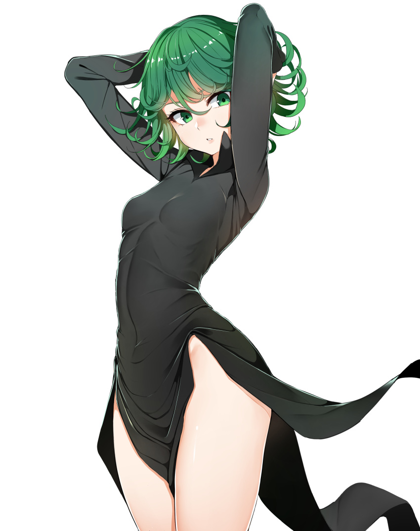 1girl absurdres arms_up bangs bare_legs black_dress breasts curly_hair dress green_eyes green_hair hair_between_eyes highres korean_commentary leewh1515 long_sleeves one-punch_man pelvic_curtain short_hair simple_background small_breasts solo tatsumaki white_background