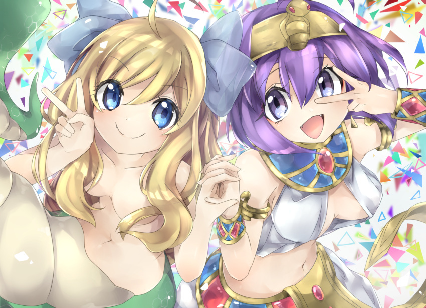 2girls blonde_hair bracelet earrings egyptian_clothes eyeliner fangs hair_censor hair_ribbon highres holding_hands jashin-chan jashin-chan_dropkick jewelry lamia makeup medusa_(jashin-chan_dropkick) monster_girl multiple_girls navel nude pippi_(ku_ro_do_zorizo_to) purple_hair ribbon twintails usekh_collar v