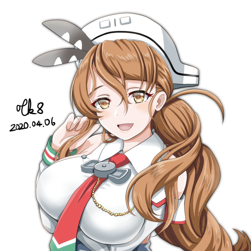 1girl brown_eyes brown_hair commentary_request detached_sleeves headdress highres kantai_collection littorio_(kantai_collection) long_hair looking_at_viewer multicolored_neckwear necktie ponytail shirt simple_background sleeveless sleeveless_shirt smile solo tk8d32 upper_body wavy_hair white_background