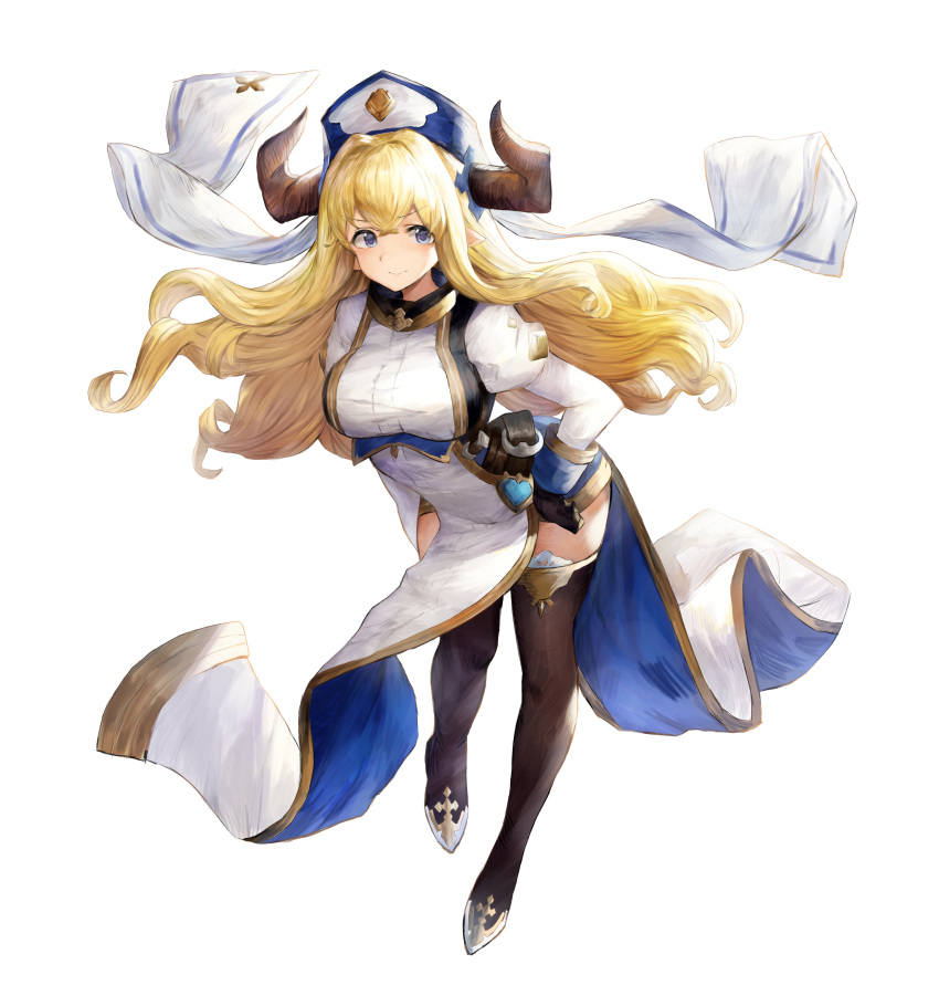 absurdres blonde_hair blue_eyes breasts draph eyebrows eyebrows_visible_through_hair granblue_fantasy hair_between_eyes highres horns long_hair rastina smile standing takuan_(mo55ilst) wavy_hair