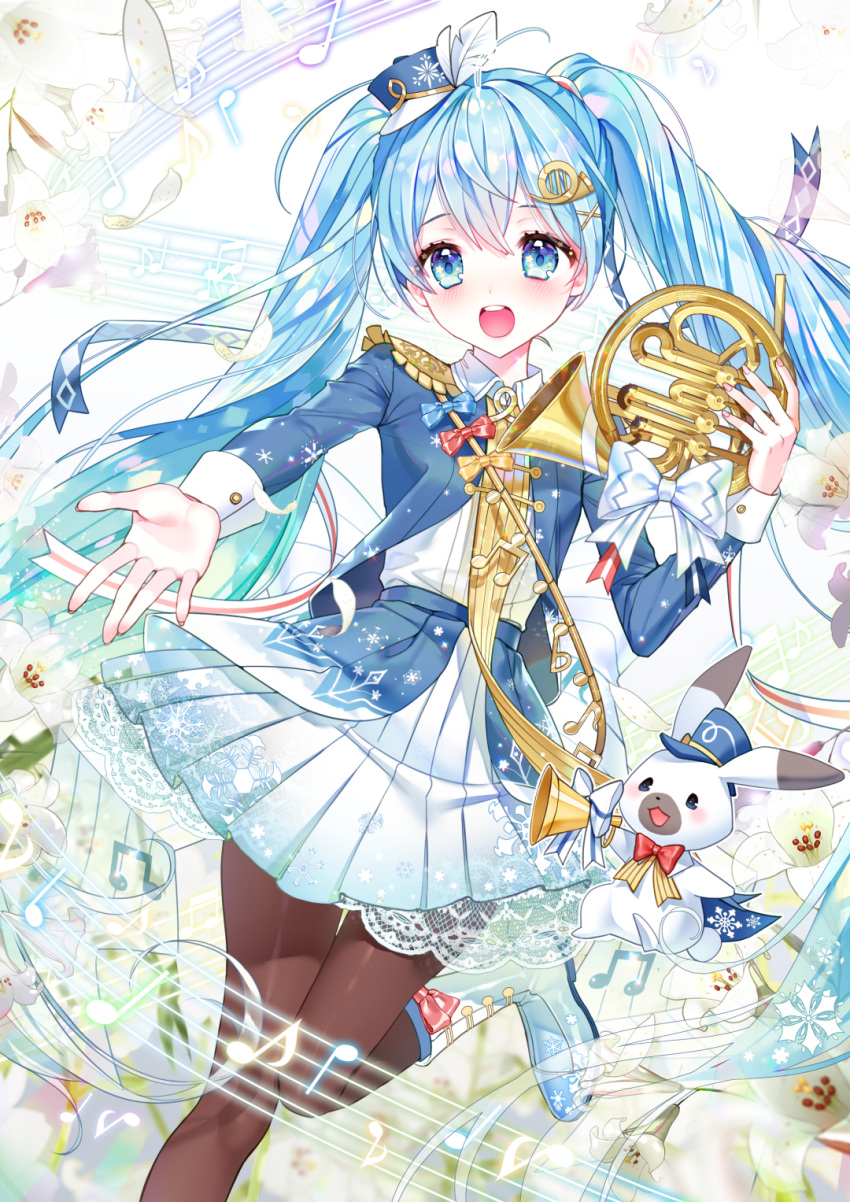 1girl :d bangs beamed_eighth_notes blue_eyes blue_hair blue_headwear blue_jacket boots bow brown_legwear collared_shirt commentary_request eighth_note epaulettes eyebrows_behind_hair french_horn hair_between_eyes hair_ornament hairclip hat hatsune_miku highres holding holding_instrument instrument jacket long_hair looking_at_viewer mini_hat mini_shako_cap musical_note open_mouth outstretched_arm pantyhose pleated_skirt quarter_note rabbit_yukine shirt siloteddy skirt smile standing standing_on_one_leg tilted_headwear twintails upper_teeth very_long_hair vocaloid white_bow white_footwear white_shirt white_skirt x_hair_ornament yuki_miku yuki_miku_(2020)