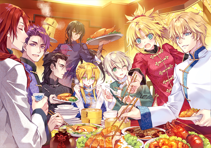 2girls 6+boys agravain_(fate/grand_order) ahoge artoria_pendragon_(all) artoria_pendragon_(lancer) bamboo_steamer bedivere black_hair blonde_hair blue_eyes carnelian china_dress chinese_clothes chinese_food chinese_text closed_eyes commentary_request dress eyebrows_visible_through_hair fate/grand_order fate_(series) food gawain_(fate/extra) green_eyes knights_of_the_round_table_(fate) lancelot_(fate/grand_order) long_hair mordred_(fate) mordred_(fate)_(all) multiple_boys multiple_girls one_eye_closed purple_hair redhead signature silver_hair tristan_(fate/grand_order) very_long_hair violet_eyes yan_qing_(fate/grand_order) yellow_eyes