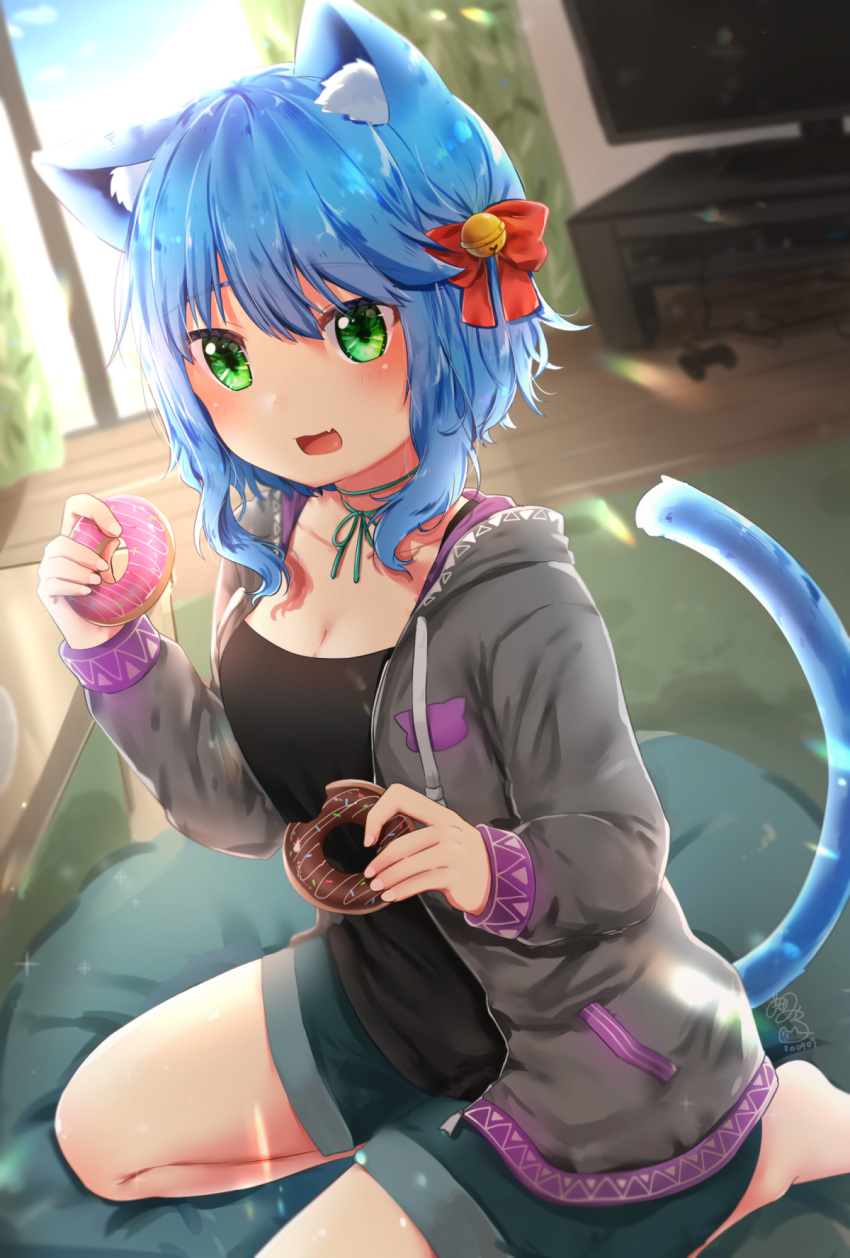 1girl animal_ear_fluff animal_ears aqua_eyes barefoot black_shirt blue_hair bow breasts cat_ears cat_tail controller cushion day doughnut eating food game_controller grey_jacket hair_bow highres holding holding_food indoors jacket michiru_donut original red_bow shirt short_hair shorts sitting small_breasts solo tail television