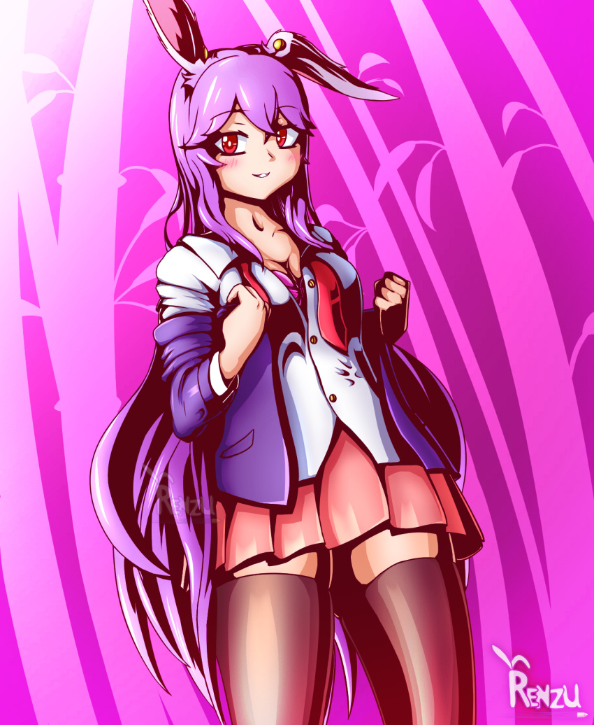 1girl animal_ears bamboo bamboo_forest blouse bra breasts buttons collared_blouse eyebrows_visible_through_hair forest highres jacket lavender_hair long_hair looking_at_viewer miniskirt nature necktie pink_skirt pleated_skirt rabbit_ears red_eyes red_neckwear reisen_udongein_inaba renzurou short_sleeves skirt solo thigh-highs touhou underwear white_blouse