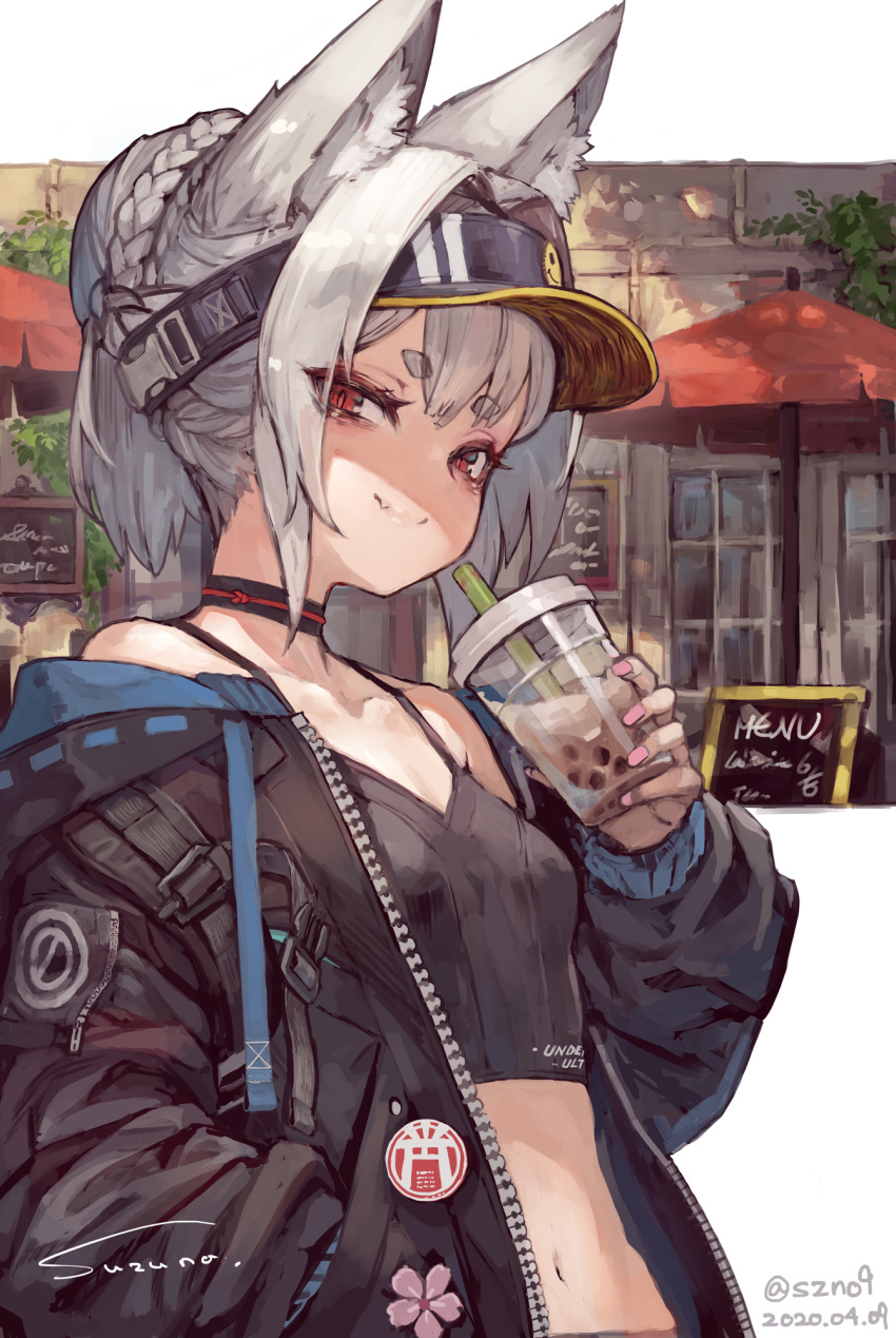 1girl animal_ear_fluff animal_ears bangs bare_shoulders black_camisole black_headwear black_jacket braid breasts bubble_tea camisole closed_mouth collarbone cup disposable_cup drinking_straw eyebrows_visible_through_hair fang fang_out fox_ears hair_bun half-closed_eyes hand_in_pocket highres holding holding_cup hood hood_down hooded_jacket jacket long_sleeves looking_at_viewer menu_board midriff nail_polish navel off_shoulder open_clothes open_jacket original parasol pink_nails ponytail puffy_long_sleeves puffy_sleeves red_eyes short_eyebrows short_hair small_breasts smile solo suzuno_(bookshelf) thick_eyebrows umbrella visor_cap window