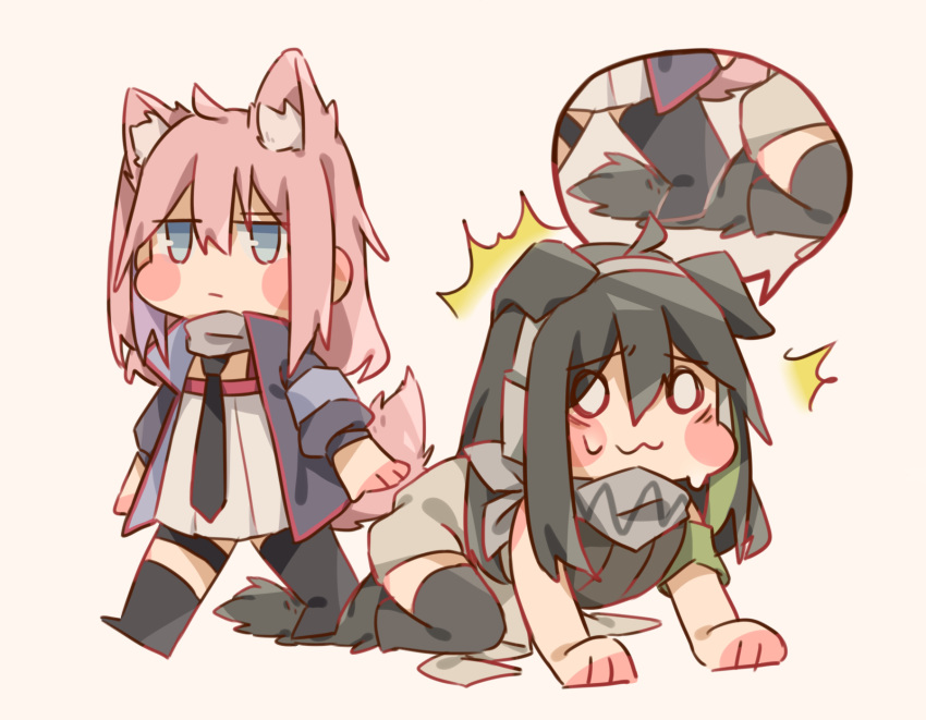 0_0 2girls ahoge all_fours animal_ear_fluff animal_ears armband artist_request black_legwear blue_eyes blush_stickers cat_ears cat_girl cat_tail chibi closed_mouth dog_ears dog_girl dog_tail dress girls_frontline green_hair headphones highres jacket long_hair m4a1_(girls_frontline) mismatched_legwear multiple_girls necktie pink_hair simple_background single_thighhigh st_ar-15_(girls_frontline) tail thigh-highs thigh_strap walking white_dress