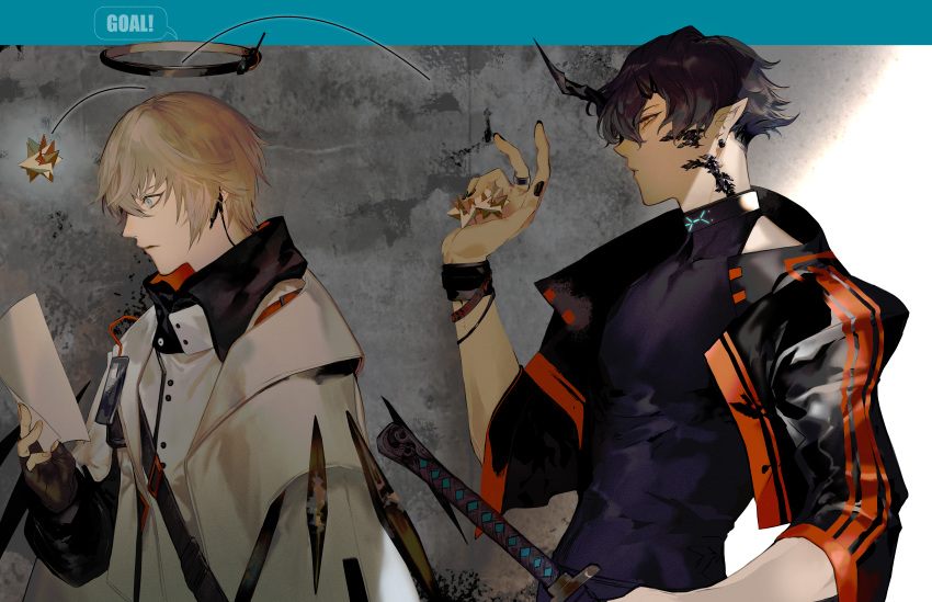 2boys abs absurdres arknights black_gloves black_hair black_jacket black_nails black_shirt blue_eyes bracelet crystal demon_horn detached_wings ear_piercing earpiece english_text executor_(arknights) fingerless_gloves flamebringer_(arknights) gag gloves hair_between_eyes halo highres huge_filesize improvised_gag irorigumi jacket jewelry katana light motion_lines multiple_boys nail_polish name_tag neck_ring orange_eyes orange_jacket paper parted_lips piercing pointy_ears profile shade shirt short_hair short_sleeves silver_hair speech_bubble strap sword taut_clothes throwing turtleneck upper_body weapon white_jacket wings wristband