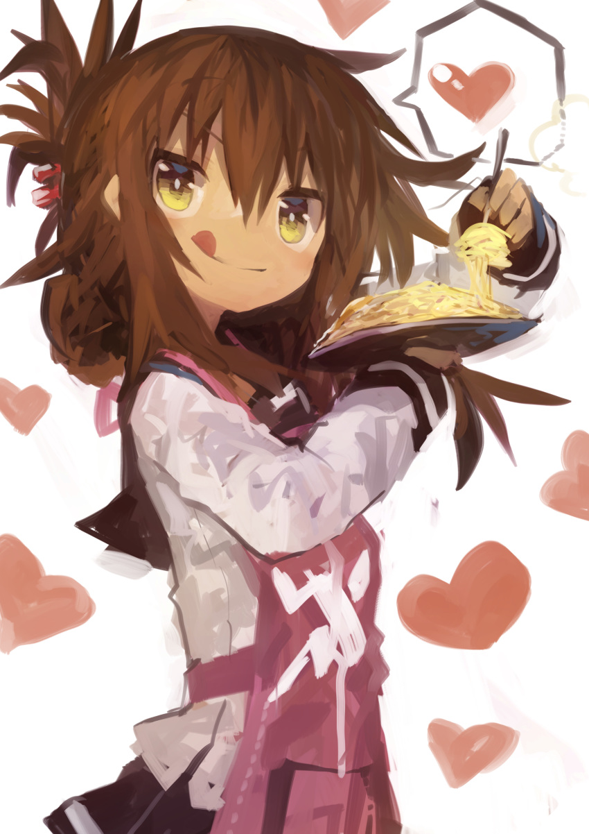 1girl :q absurdres apron bangs blush brown_hair commentary_request folded_ponytail food fork hair_between_eyes heart highres holding holding_fork holding_plate inazuma_(kantai_collection) kaamin_(mariarose753) kantai_collection long_sleeves pasta plate ponytail sailor_collar school_uniform serafuku skirt solo spoken_heart steam tongue tongue_out white_background yellow_eyes