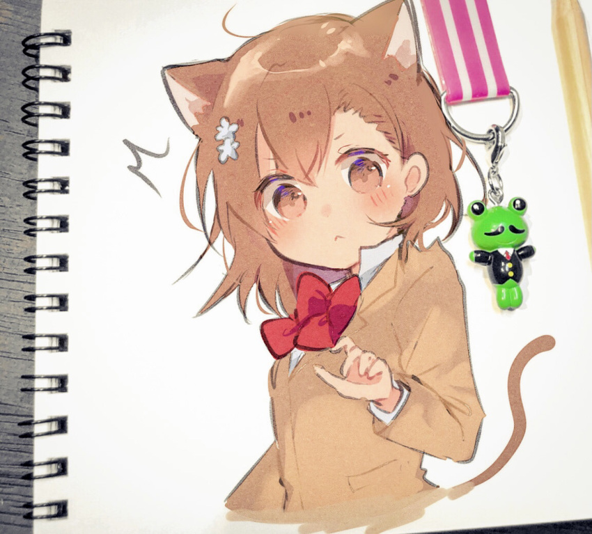 1girl :&lt; ^^^ ahoge animal_ear_fluff animal_ears bangs blazer blush bow brown_eyes brown_hair brown_jacket cat_ears cat_girl cat_tail closed_mouth collared_shirt flower gekota hair_between_eyes hair_flower hair_ornament himaneko. jacket kemonomimi_mode long_sleeves looking_at_viewer misaka_mikoto photo_(medium) red_bow school_uniform shirt solo tail toaru_kagaku_no_railgun toaru_majutsu_no_index traditional_media upper_body white_flower white_shirt