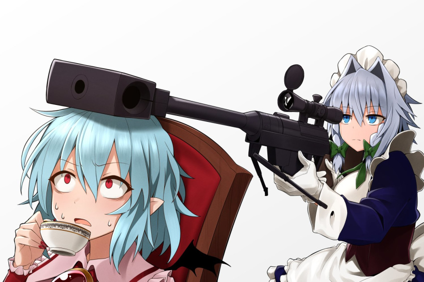 2girls apron bangs bat_wings blue_eyes blue_hair braid chair closed_mouth cup dress eyebrows_visible_through_hair fingernails gloves greenkohgen grey_background gun hair_between_eyes holding holding_cup holding_gun holding_weapon izayoi_sakuya long_fingernails long_sleeves maid_headdress multiple_girls nail_polish no_hat no_headwear open_mouth pointy_ears red_eyes red_nails remilia_scarlet rifle short_hair silver_hair simple_background sweat teacup touhou weapon white_apron white_gloves wings