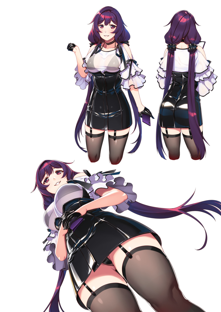 1girl absurdres bare_shoulders breasts cellphone choker cowboy_shot gloves half_gloves hie_(hiememiko) hiememiko highres large_breasts long_hair looking_at_viewer original phone purple_hair see-through shiny shiny_clothes smartphone smile solo thigh-highs violet_eyes