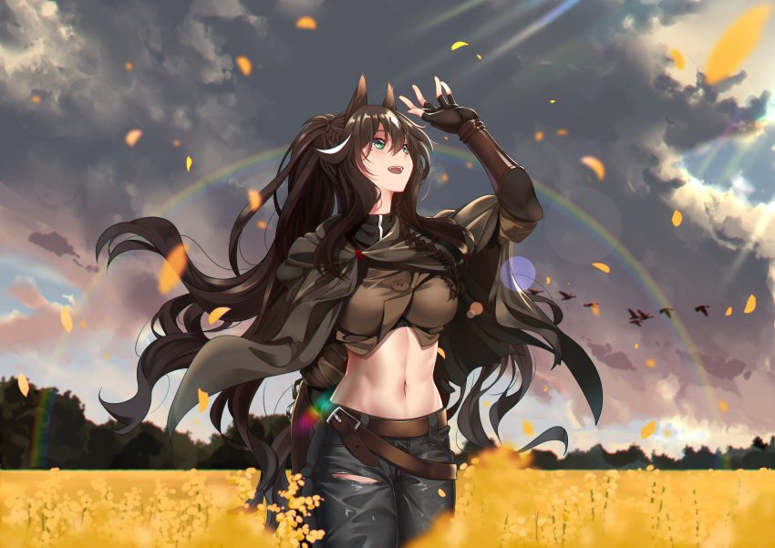 1girl :d absurdres animal_ears arknights arm_up bangs belt black_cape black_gloves black_hair black_pants breasts brown_belt brown_shirt cape clouds cloudy_sky commentary cowboy_shot crop_top fingerless_gloves gloves green_eyes hair_between_eyes hand_up highres horse_ears light_rays long_hair looking_up medium_breasts meteor_(arknights) midriff navel open_mouth outdoors pants petals ponytail rainbow shijie_jianfa shirt sky smile solo standing stomach very_long_hair