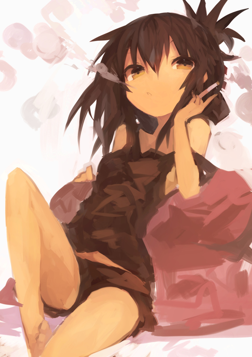 1girl absurdres alternate_costume bangs barefoot black_shorts brown_hair cigarette folded_ponytail hair_between_eyes highres holding holding_cigarette inazuma_(kantai_collection) kaamin_(mariarose753) kantai_collection off_shoulder open_mouth ponytail shorts simple_background sitting smoke smoking solo tank_top white_background yellow_eyes