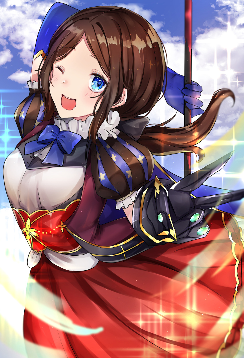 1girl absurdres bangs black_bow blue_bow blue_eyes blue_gloves blue_sky blush bow bowtie breasts brown_dress brown_hair dress elbow_gloves fate/grand_order fate_(series) forehead gauntlets gloves hair_bow highres leonardo_da_vinci_(fate/grand_order) leonardo_da_vinci_(rider)_(fate) long_hair looking_at_viewer one_eye_closed open_mouth parted_bangs ponytail puff_and_slash_sleeves puffy_short_sleeves puffy_sleeves red_skirt short_sleeves single_gauntlet skirt sky small_breasts smile solo sparkle staff v zaza_(zazam_s)