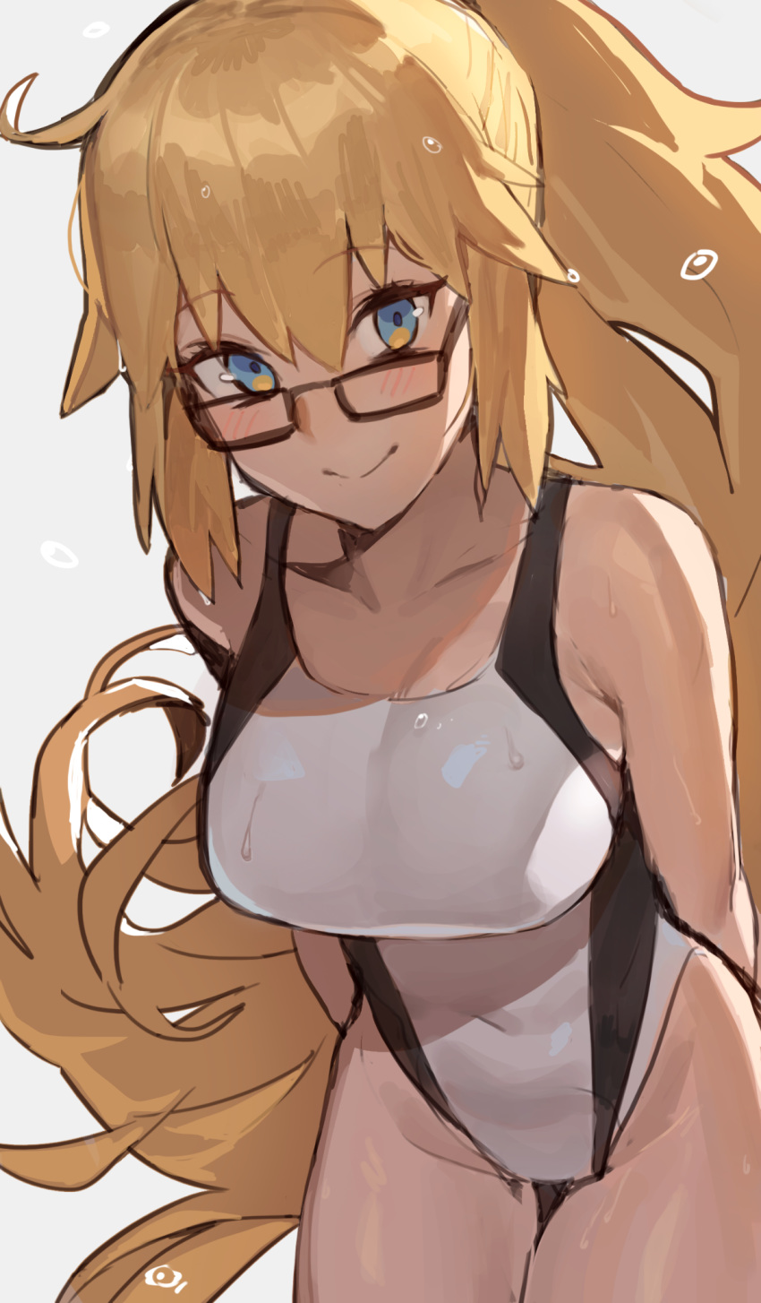 1girl blonde_hair blue_eyes blush breasts closed_mouth commentary fate/grand_order fate_(series) glasses highres hood_(james_x) jeanne_d'arc_(fate)_(all) jeanne_d'arc_(swimsuit_archer) large_breasts long_hair looking_at_viewer smile solo swimsuit very_long_hair