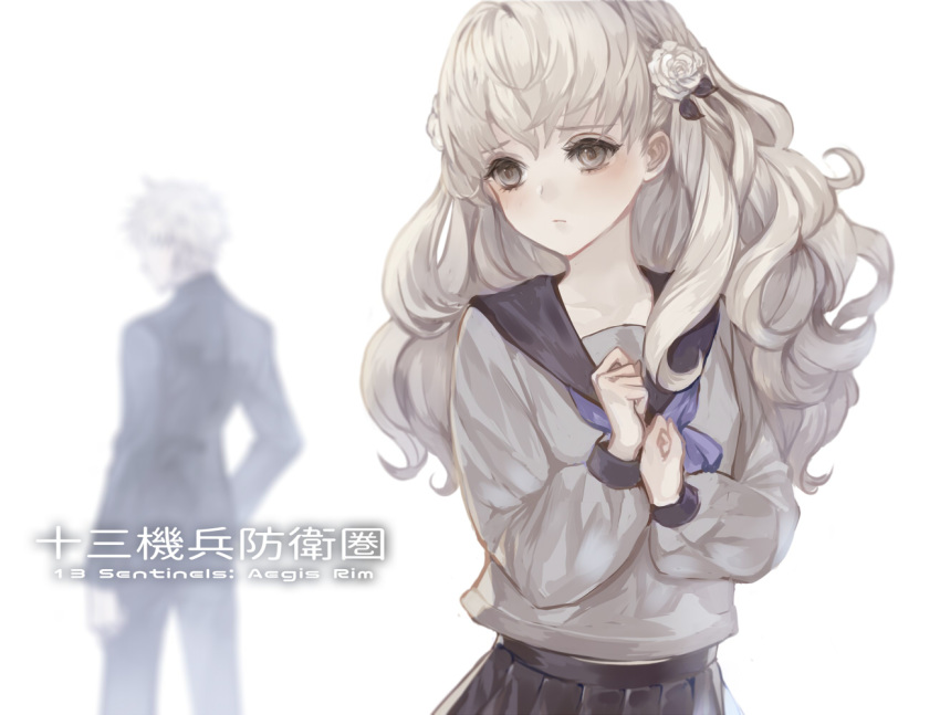 13_sentinels:_aegis_rim 1boy 1girl back blurry blurry_background collarbone english_text eyebrows_visible_through_hair flower formal fuyusaka_iori green_eyes grey_hair hair_flower hair_ornament juusan_kihei_bouei_ken rose school_uniform sekigahara_ei senano-yu simple_background skirt standing suit uniform white_background white_flower white_hair white_rose