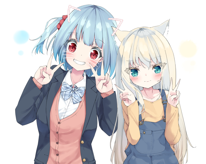 2girls animal_ear_fluff animal_ears bangs black_jacket blazer blue_bow blue_eyes blue_hair blush bow brown_cardigan brown_shirt cardigan cat_ears closed_mouth collarbone collared_shirt commentary_request double_v dress_shirt eyebrows_visible_through_hair face_filter grin hair_ornament hair_scrunchie hamaru_(s5625t) hands_up head_tilt highres jacket long_hair long_sleeves multiple_girls one_side_up open_blazer open_clothes open_jacket original overalls red_eyes red_scrunchie scrunchie shirt simple_background smile v very_long_hair whiskers white_background white_shirt