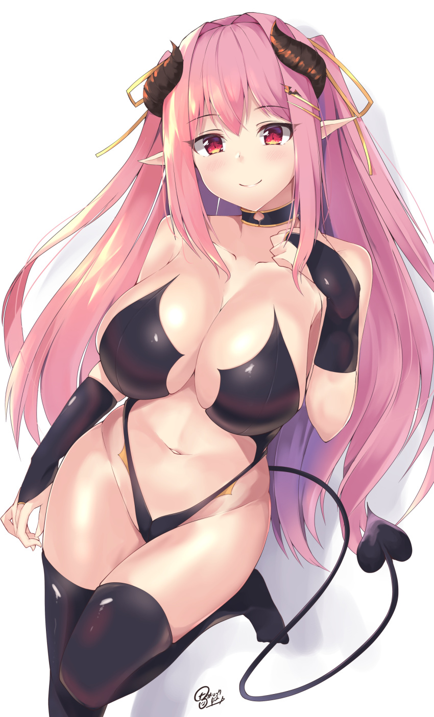 1girl absurdres bare_shoulders bat_hair_ornament black_choker black_gloves black_legwear black_leotard breasts choker closed_mouth commentary_request demon_girl demon_tail gloves hair_ornament highres horns k-doku large_breasts leotard looking_at_viewer navel original pink_hair pointy_ears red_eyes revealing_clothes sidelocks signature smile solo succubus tail thigh-highs twintails white_background