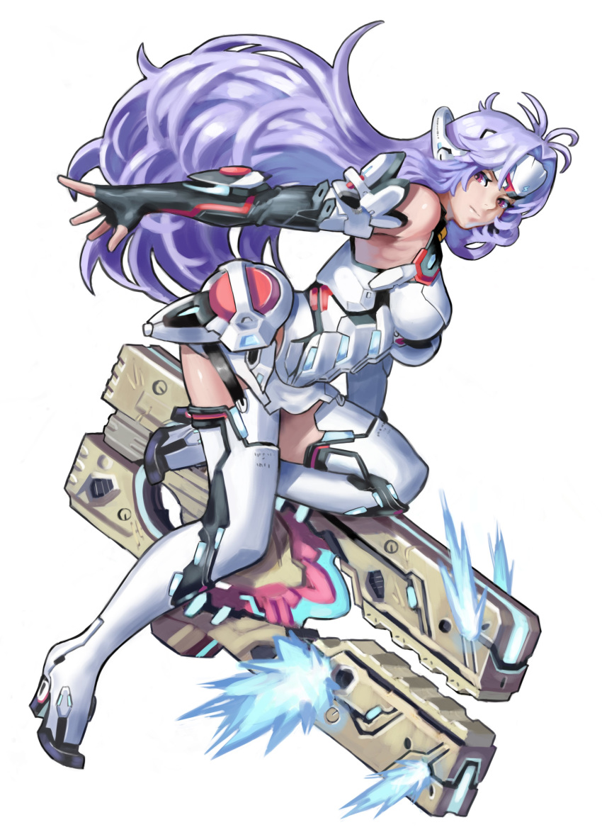 1girl absurdres android bare_shoulders blue_hair boots breasts calilo elbow_gloves forehead_protector full_body gloves high_heel_boots high_heels highres kos-mos_re: large_breasts long_hair red_eyes solo thigh-highs very_long_hair weapon xenoblade_(series) xenoblade_2 xenosaga