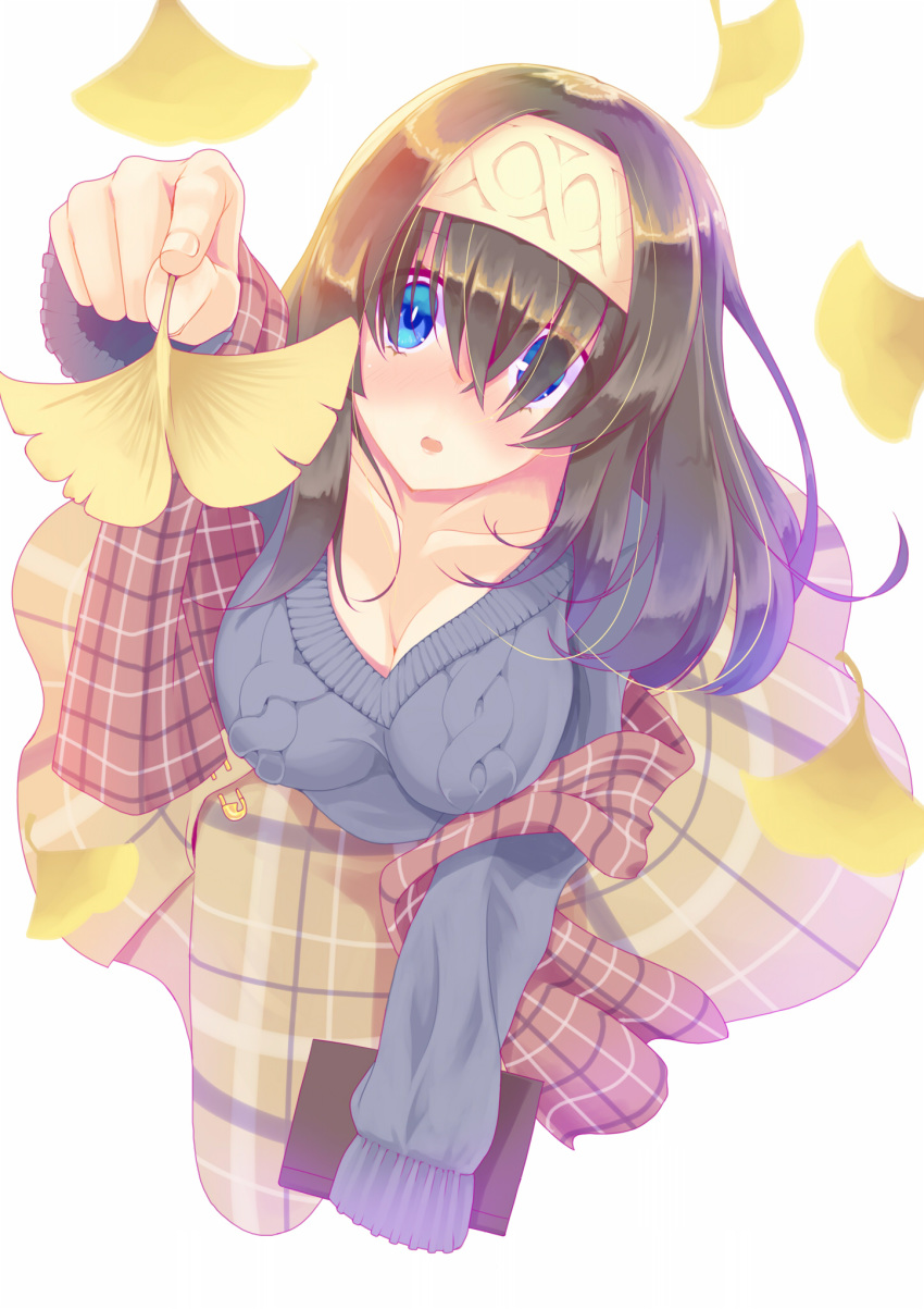 1girl bangs black_hair blue_eyes blue_sweater blush book breasts commentary_request cowboy_shot cropped_legs ginkgo hairband highres holding holding_book hujikok idolmaster idolmaster_cinderella_girls large_breasts leaning_forward long_hair long_sleeves looking_at_another medium_breasts nose_blush plaid plaid_scarf ribbed_sweater sagisawa_fumika scarf simple_background solo sweater white_background