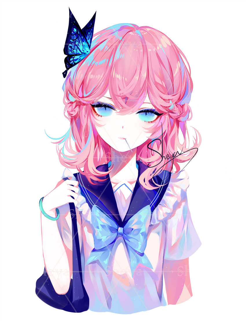 1girl artist_name bangs blue_bow blue_eyes blue_sailor_collar bow braid butterfly_hair_ornament commentary cropped_torso eyeshadow french_braid frilled_shirt_collar frills hair_between_eyes hair_ornament hand_up highres looking_at_viewer makeup original parted_lips pink_hair sailor_collar school_uniform serafuku sheya shirt short_hair short_sleeves signature simple_background smile solo symbol_commentary upper_body white_background white_shirt