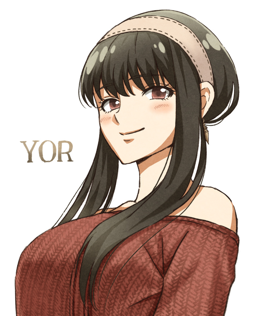 1girl absurdres bangs bare_shoulders black_hair blush breasts character_name closed_mouth edaori hairband highres large_breasts off-shoulder_sweater off_shoulder red_eyes red_sweater sidelocks simple_background smile solo spy_x_family sweater tied_hair updo upper_body white_background yoru_briar