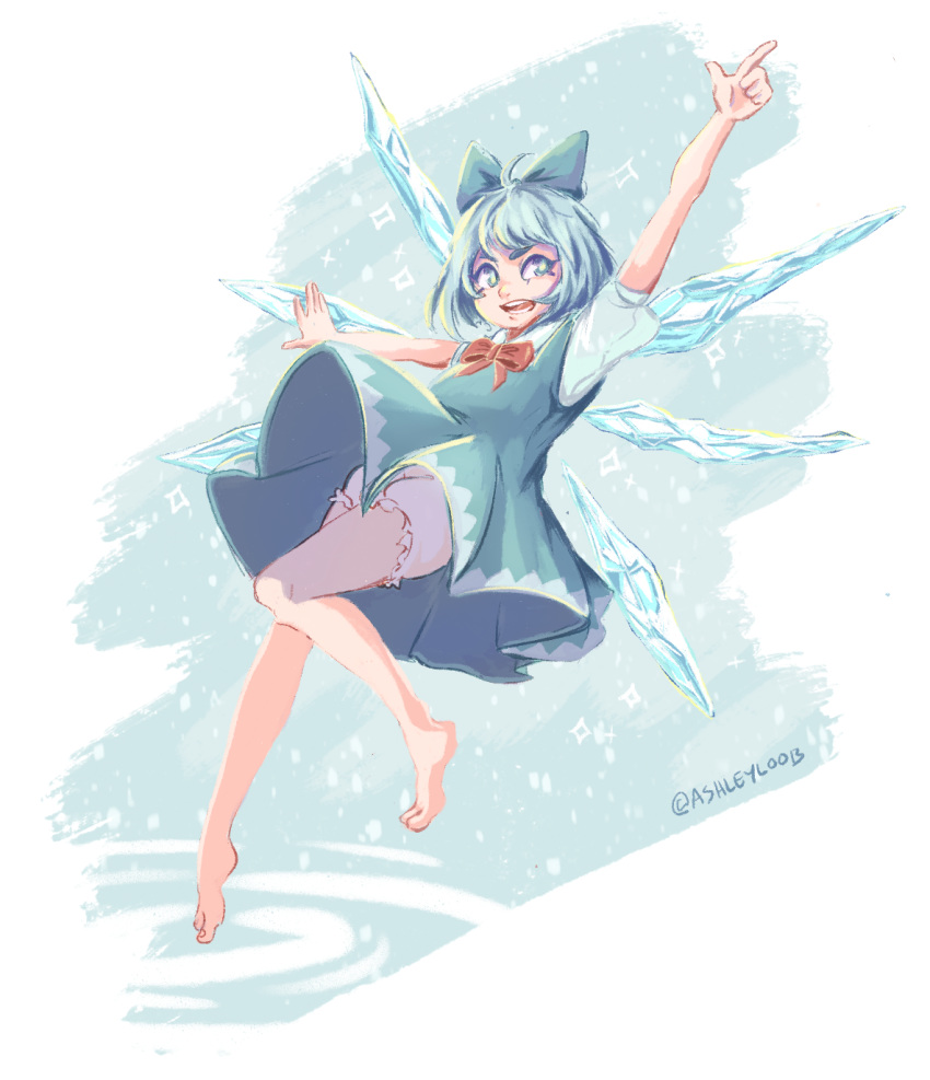 1girl artist_name ashleyloob barefoot bloomers blue_eyes blue_hair cirno hair_ribbon highres ice ice_wings long_hair md5_mismatch open_mouth outstretched_arm pointing pointing_up puffy_sleeves ribbon simple_background solo touhou underwear upskirt wings