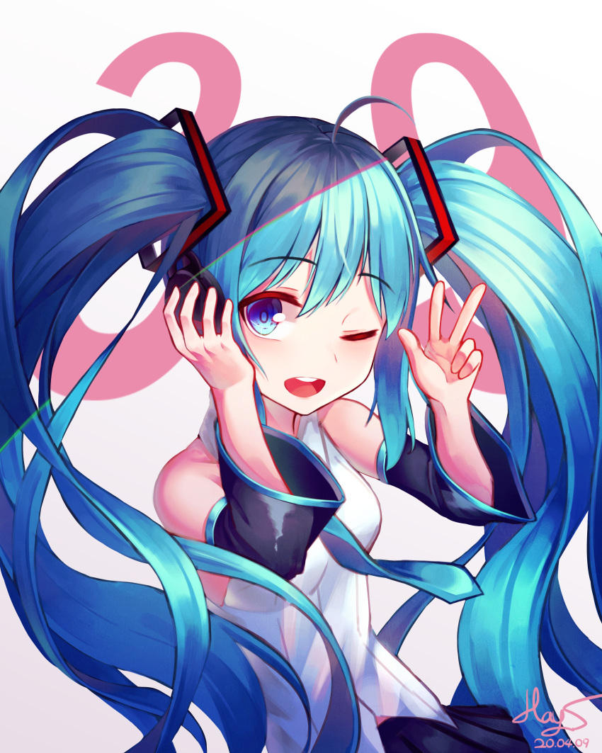 1girl absurdres ahoge aqua_eyes aqua_hair blue_eyes blush breasts commentary_request detached_sleeves hair_ornament hatsune_miku highres huge_filesize long_hair looking_at_viewer medium_breasts necktie one_eye_closed open_mouth smile solo twintails very_long_hair vocaloid w yansae81