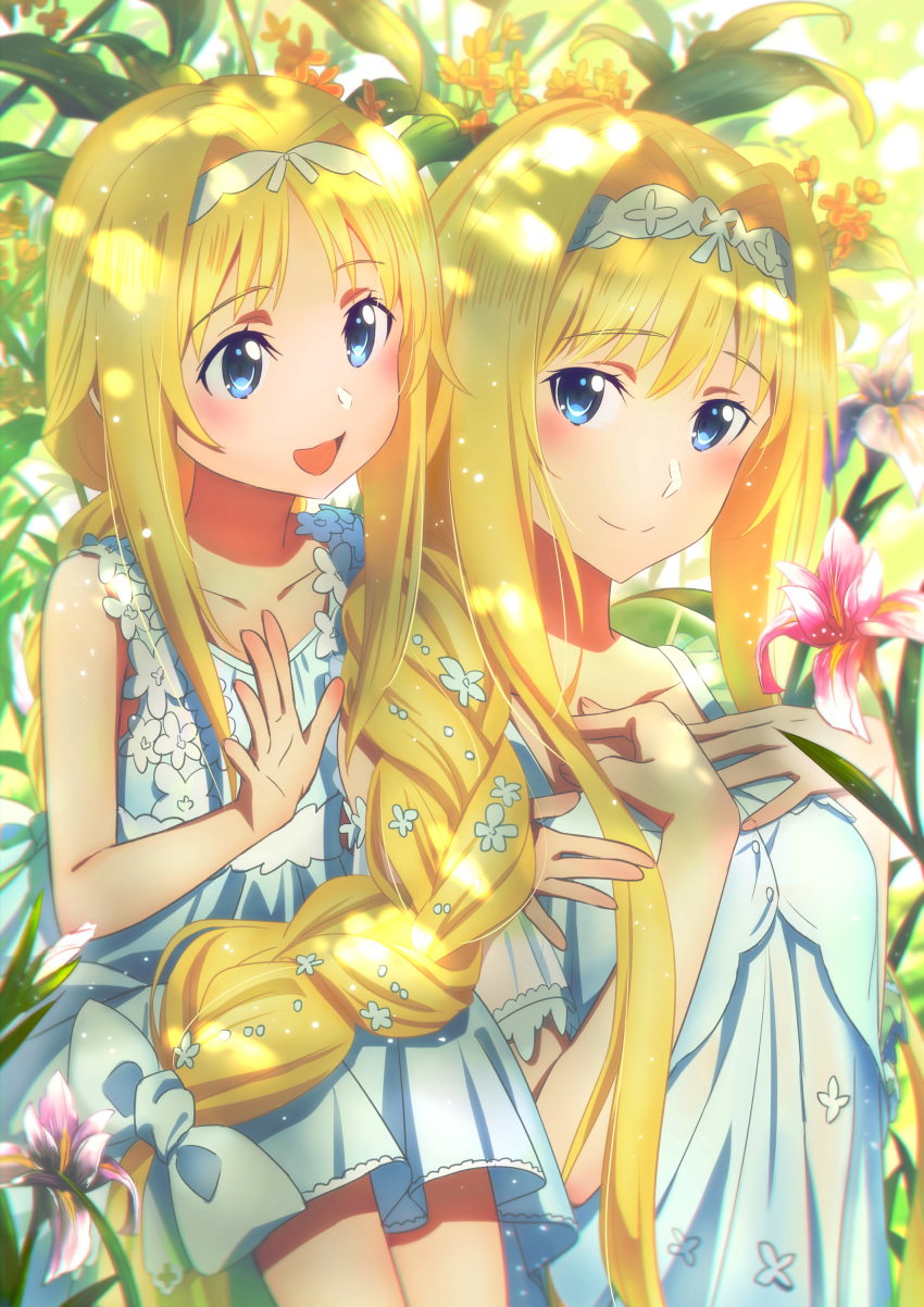 2girls absurdres alice_schuberg blonde_hair blue_dress blue_eyes braid braided_ponytail dress fcc floral_background flower hair_ornament hairband highres loli long_hair looking_at_viewer multiple_girls ponytail sword_art_online sword_art_online_alicization white_hairband