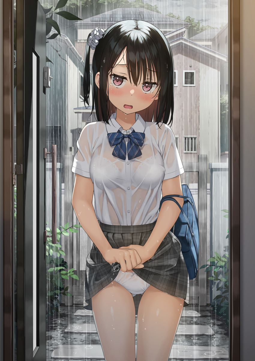 1girl bag bangs black_hair blue_neckwear blush bra breasts day doorway hair_ornament hair_scrunchie highres kantoku long_hair medium_breasts one_side_up open_mouth original panties pink_eyes rain school_bag school_uniform scrunchie see-through shirt skirt solo tears underwear wet wet_clothes wet_hair wet_shirt white_bra white_panties wringing_clothes wringing_skirt