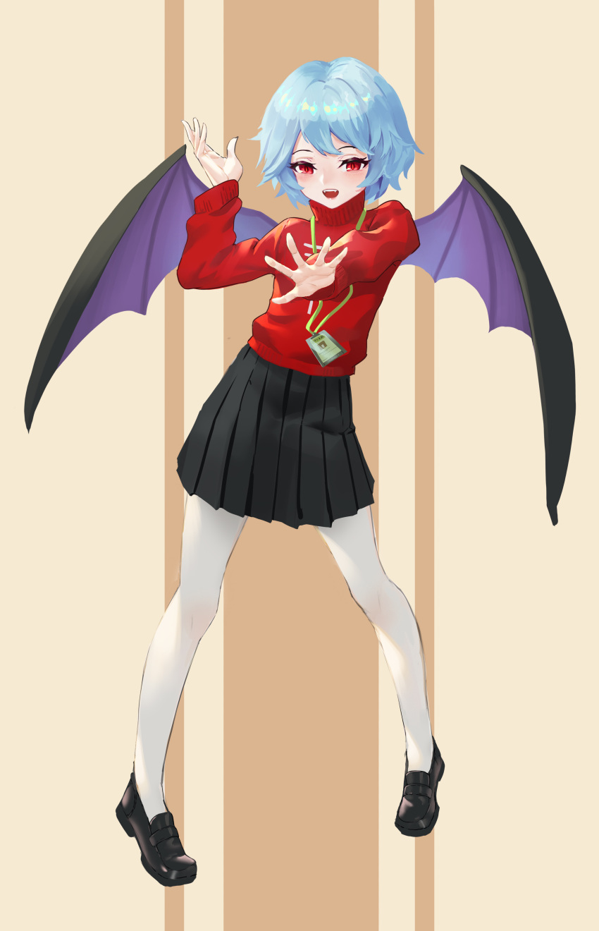122_(misun) 1girl :d absurdres alternate_costume bat_wings beige_background black_footwear black_skirt blue_hair blush commentary fangs full_body gesture hand_up highres legs_apart long_sleeves looking_at_viewer open_mouth outstretched_arm pantyhose pleated_skirt red_eyes red_shirt remilia_scarlet shirt shoes short_hair simple_background skirt smile solo spread_fingers standing touhou turtleneck white_legwear wings