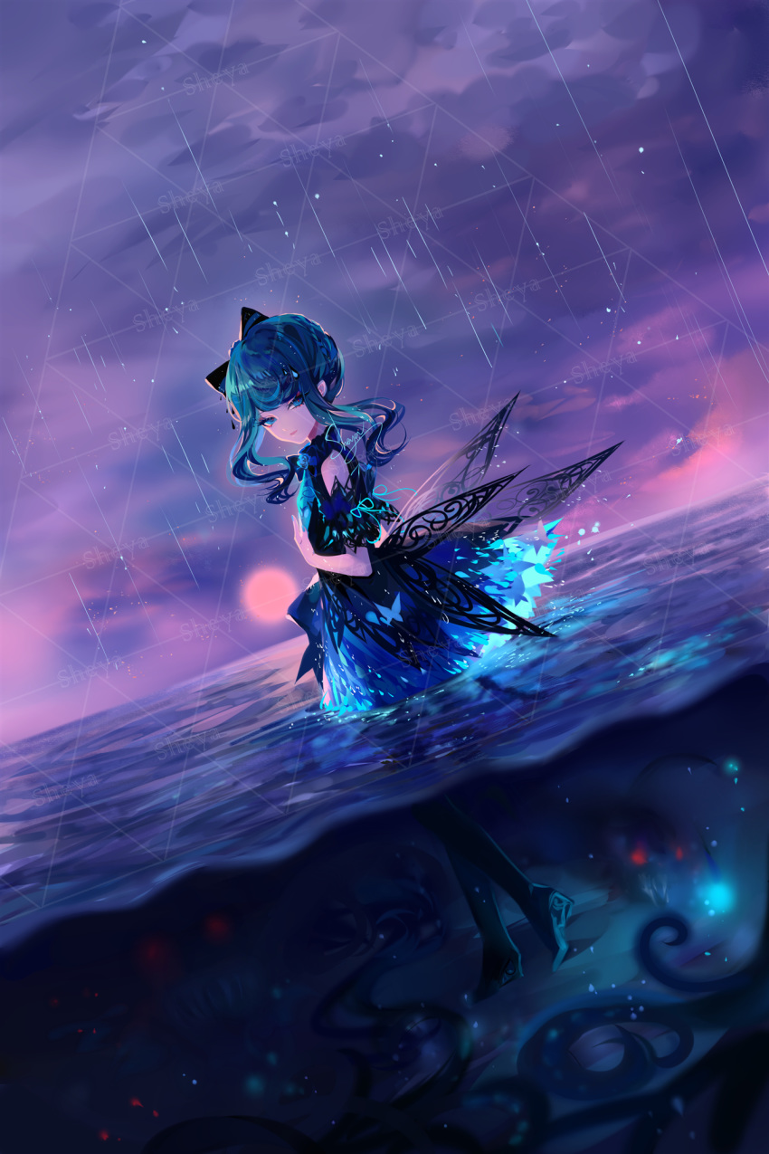 1girl artist_name blue_dress bow commentary dress green_eyes green_hair hair_bow highres long_hair looking_at_viewer original outdoors sheya signature solo standing symbol_commentary wading water