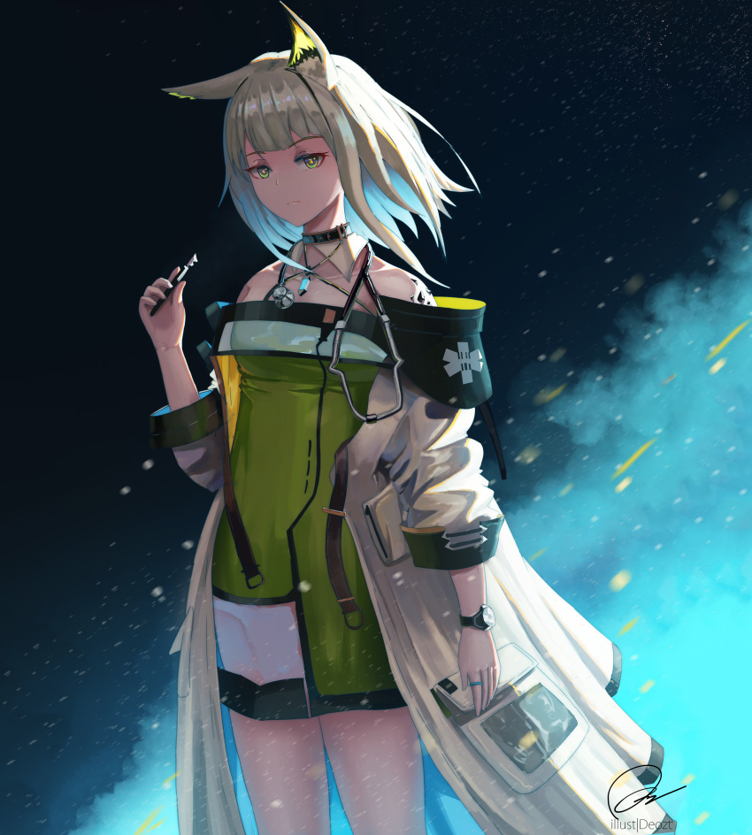 1girl absurdres animal_ears arknights artist_name bangs bare_shoulders black_background blue_background commentary cowboy_shot deozt dress green_dress green_eyes hand_up highres holding holding_pen jacket kal'tsit long_sleeves looking_at_viewer multicolored multicolored_background off-shoulder_dress off_shoulder ore_lesion_(arknights) pen short_dress short_hair silver_hair solo standing thighs watch watch white_jacket