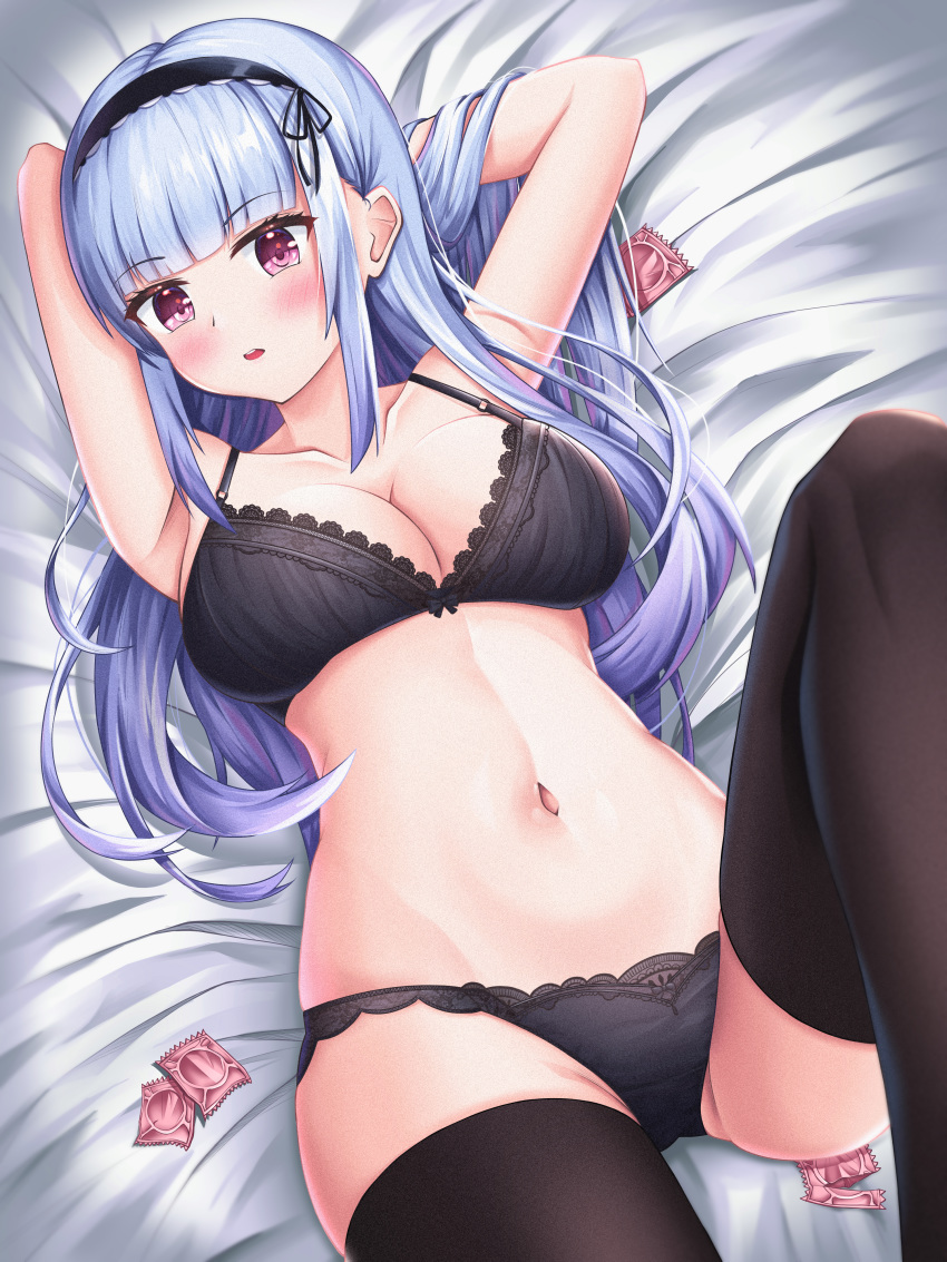 1girl absurdres armpits azur_lane black_bra black_hairband black_legwear black_panties blush bra breasts dido_(azur_lane) eyebrows_visible_through_hair hairband highres lancheu large_breasts long_hair looking_at_viewer lying on_back open_mouth panties silver_hair solo thigh-highs thighs underwear violet_eyes