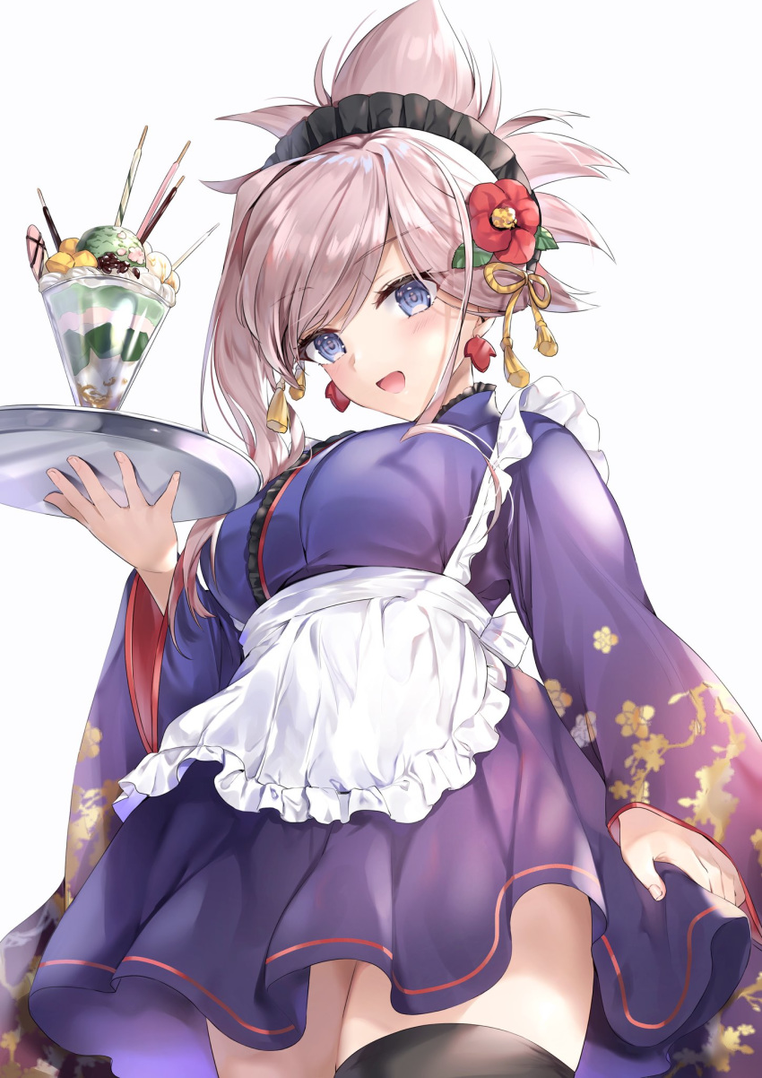 1girl apron bangs black_legwear blue_eyes blush breasts commentary_request earrings eyebrows_visible_through_hair fate/grand_order fate_(series) fingernails flower food frills hair_ornament hane_yuki highres holding ice_cream japanese_clothes jewelry looking_at_viewer maid_headdress medium_breasts miyamoto_musashi_(fate/grand_order) pink_hair simple_background smile solo thigh-highs tied_hair tray white_background wide_sleeves