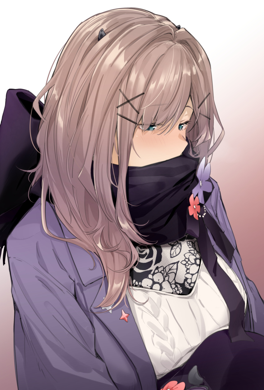 1girl black_scarf blue_eyes blue_jacket blush brown_hair commentary_request covered_mouth flower_ornament hair_ornament highres horns jacket long_hair looking_down nijisanji scarf shirt sidelocks suzuhara_lulu sweater uno_ryoku upper_body white_sweater x_hair_ornament