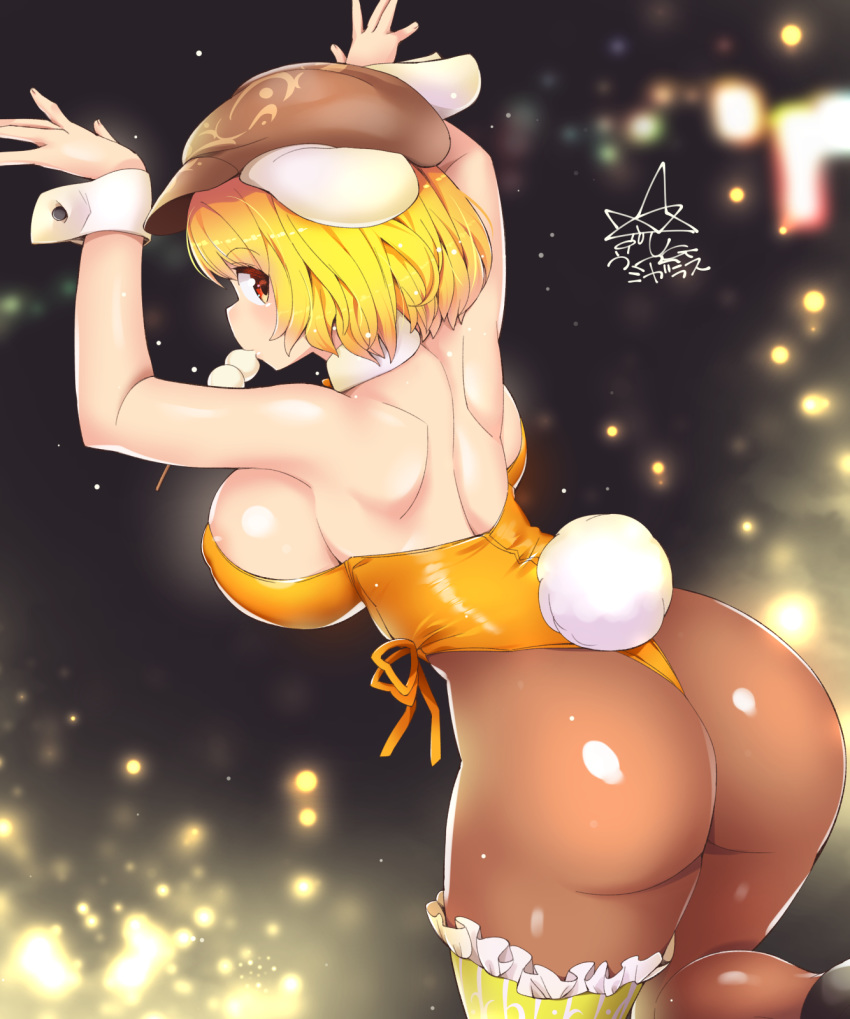 1girl animal_ears ass bare_arms bare_shoulders black_background blonde_hair breasts brown_headwear brown_legwear bunny_girl bunny_tail bunnysuit commentary_request dango food from_behind hat highres large_breasts leotard looking_at_viewer mouth_hold pantyhose rabbit_ears red_eyes ringo_(touhou) short_hair solo tail touhou umigarasu_(kitsune1963) wagashi wrist_cuffs yellow_leotard