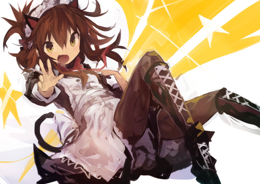 1girl absurdres alternate_costume animal_ears apron bangs black_dress black_footwear black_legwear boots brown_hair cat_ears cat_tail cross-laced_footwear dress enmaided folded_ponytail hair_between_eyes highres inazuma_(kantai_collection) kaamin_(mariarose753) kantai_collection maid maid_headdress open_mouth pantyhose ponytail red_neckwear sidelocks solo star tail white_apron yellow_eyes