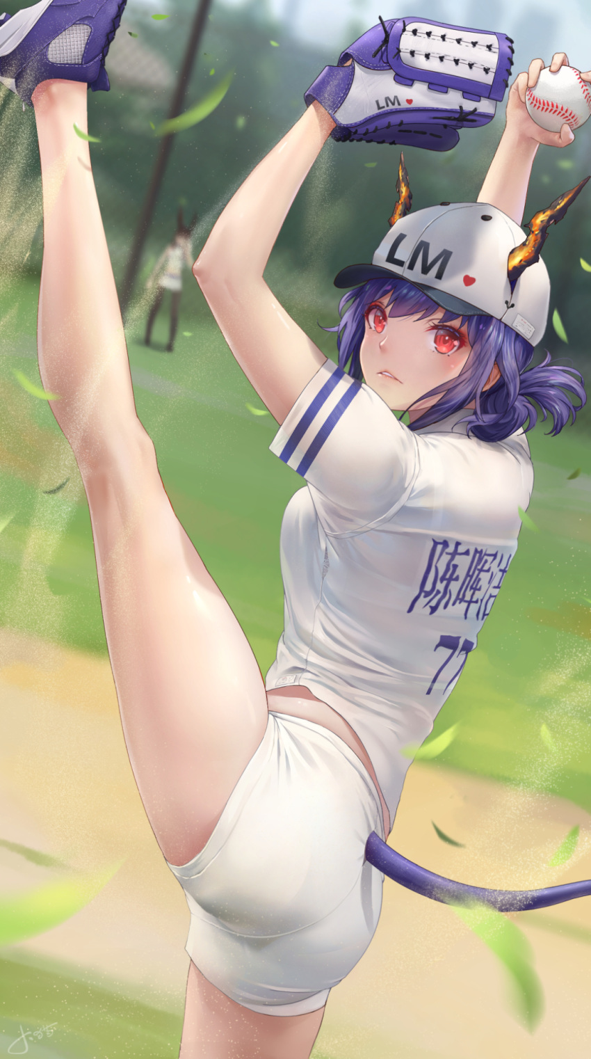 2girls alternate_costume amiya_(arknights) arknights arms_up ass ball bangs bare_legs baseball baseball_cap baseball_mitt baseball_uniform blue_footwear blue_hair blurry blurry_background blush breasts ch'en_(arknights) clothes_writing commentary cowboy_shot dragon_horns dragon_tail hat heart highres holding holding_ball horns horns_through_headwear jay_xu leaf leg_up looking_at_viewer midriff_peek multiple_girls outdoors parted_lips red_eyes shirt shoes short_hair short_shorts short_sleeves shorts signature small_breasts sportswear standing standing_on_one_leg tail thighs translation_request white_shirt white_shorts