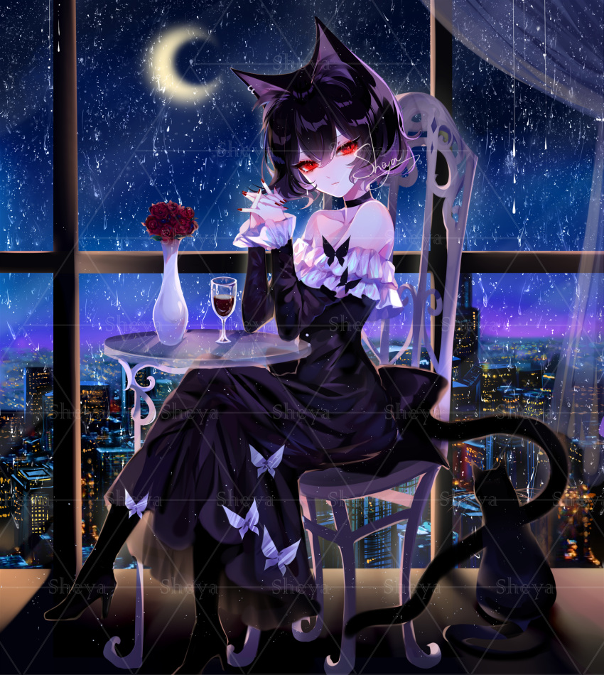 1girl animal_ears artist_name bangs bare_shoulders black_cat black_choker black_dress black_footwear black_hair cat cat_ears cat_tail chair choker commentary crescent_moon dress hands_up high_heels highres interlocked_fingers long_sleeves looking_at_viewer moon nail_polish night night_sky off-shoulder_dress off_shoulder original own_hands_together red_eyes red_nails sheya short_hair signature sky symbol_commentary table tail